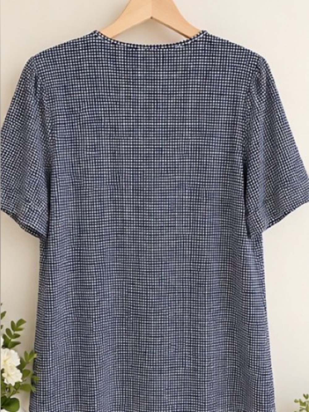 Adrianna Papell Navy Gingham Tie-Front Short Sleeve Blouse Sz L - Picture 3 of 8